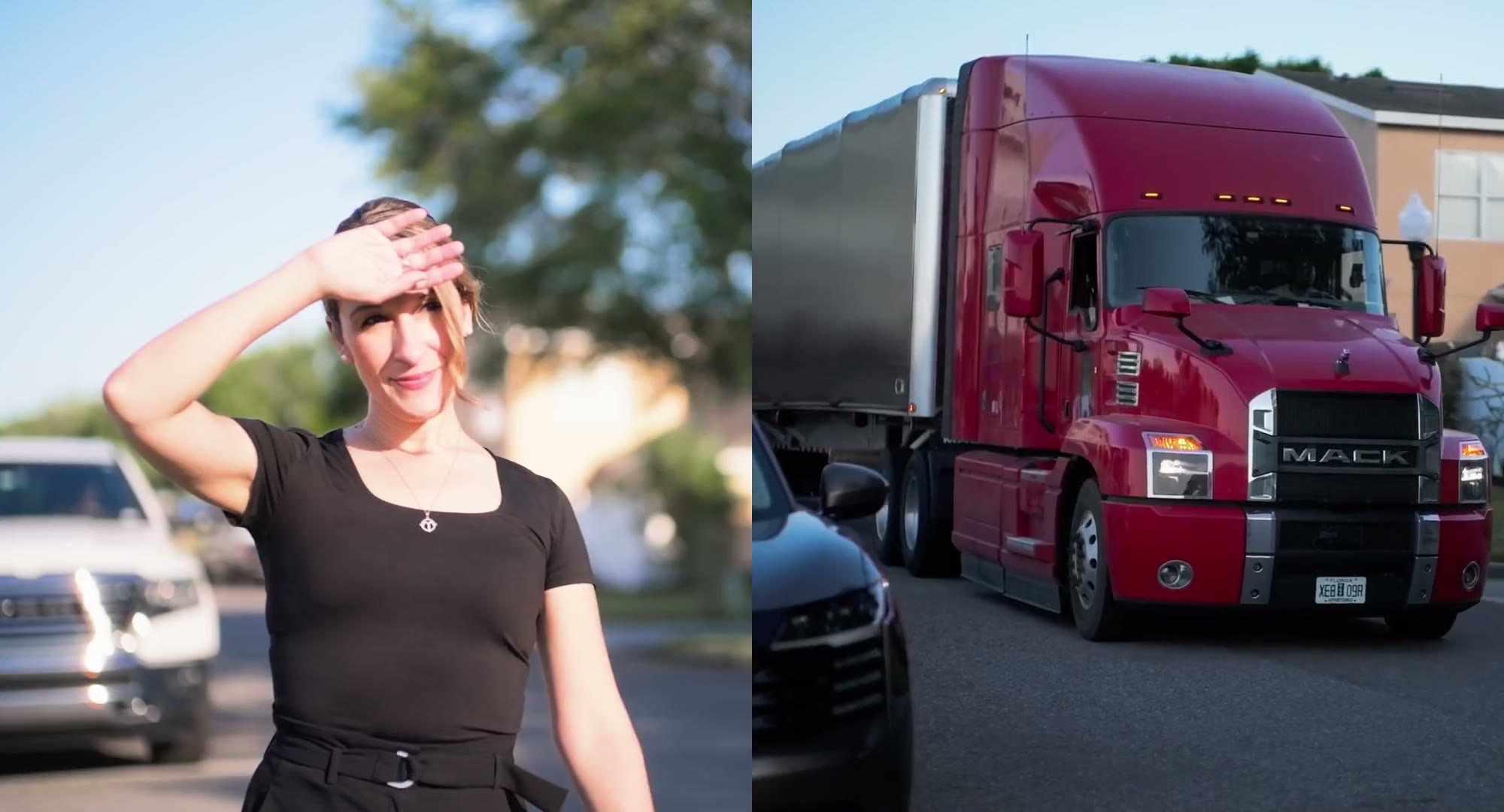 Left, a woman shading her eyes looking down the road. Right, a red League Trucking Mack with a conestoga trailer.