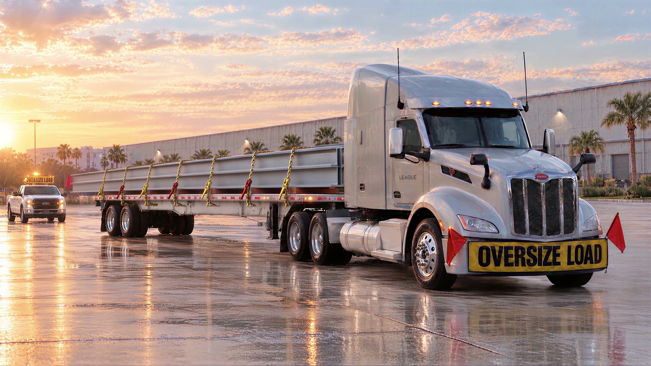 A League Trucking Peterbilt with long steel I-beams chained on a flatbed, OVERSIZE LOAD banner on the bumper and an escort truck behind.